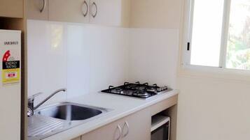 Full-sized fridge, microwave, stovetop, electric kettle