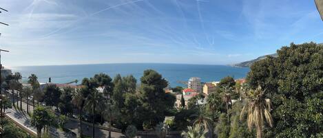 A coastal town with a clear view of the sea, palm trees, and buildings with red roofs.