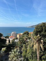 Un pueblo costero con edificios, palmeras y vistas al mar.