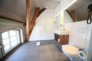 A modern bathroom with a large window, wooden beams, a sink, and a toilet. - Hotel Kunstmühle (Mindelheim)