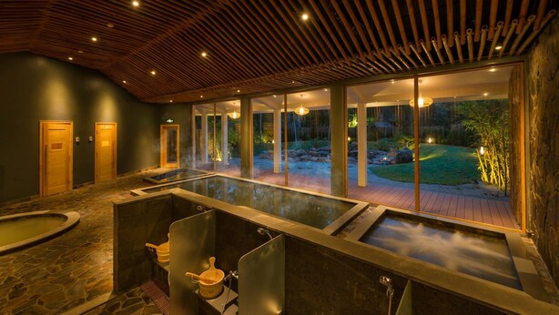Un espace bien-être comprenant un grand jacuzzi, un plus petit jacuzzi et un sauna. On y trouve des portes en bois et une vue sur un jardin.