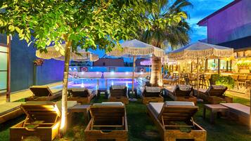 Outdoor pool, open 9:00 AM to 8:30 PM, pool umbrellas, pool loungers