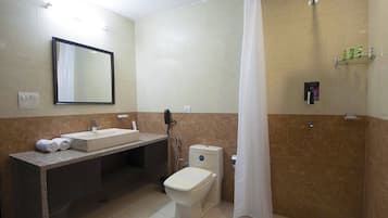 Shower, rainfall showerhead, designer toiletries, hair dryer