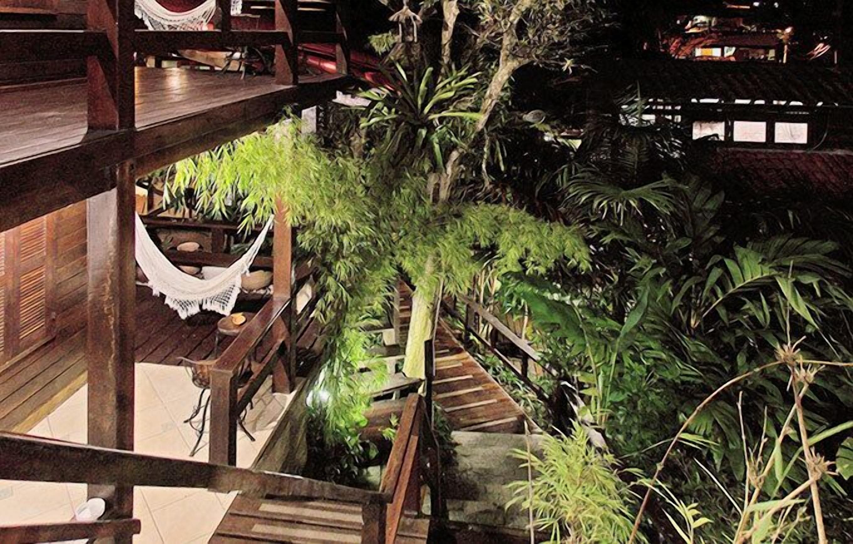 Une structure en bois à plusieurs niveaux, dotée d’un escalier entouré d’une végétation luxuriante et de plantes.