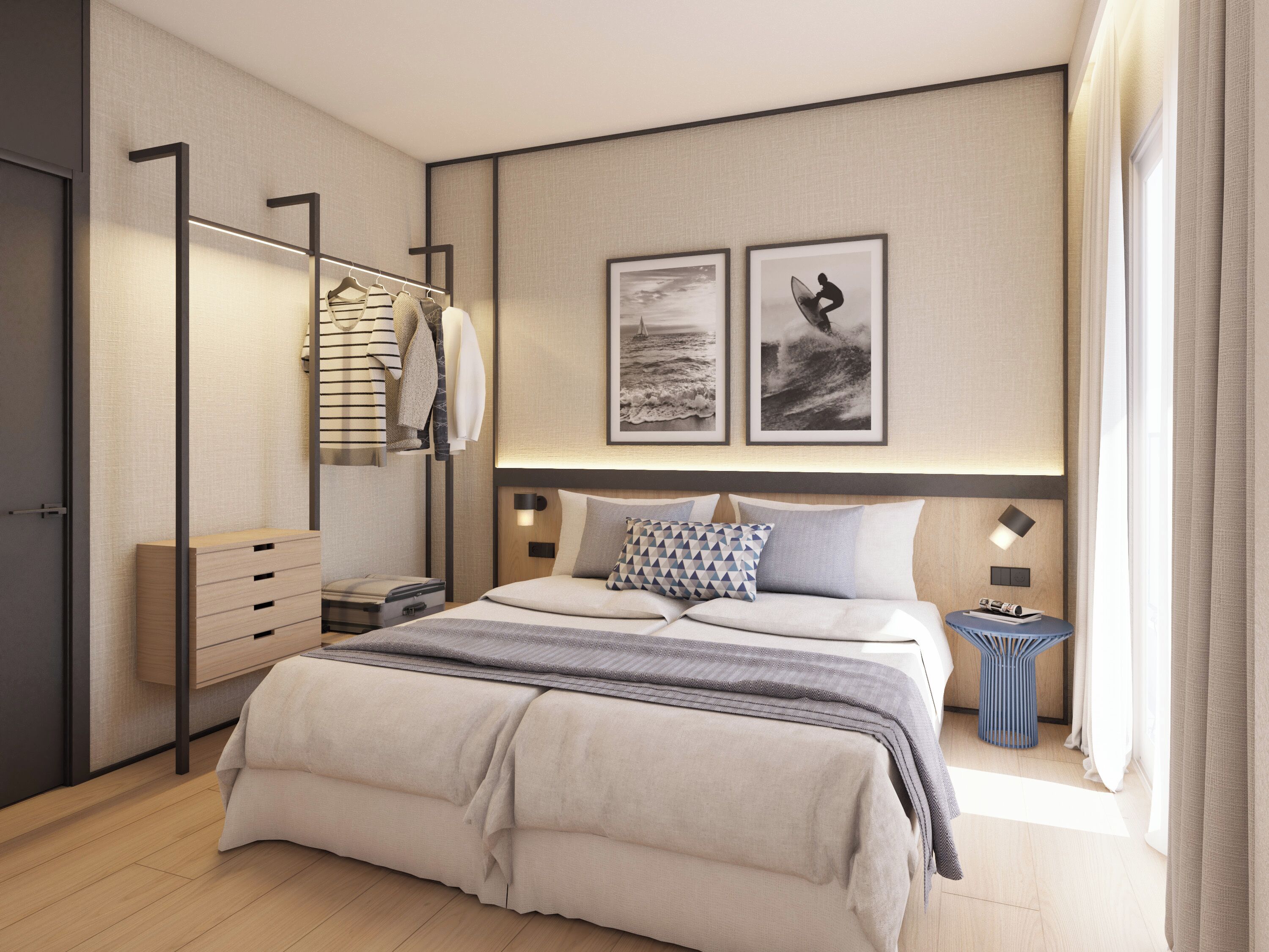 Un dormitorio moderno con una cama grande, un armario, una mesita de noche y dos cuadros enmarcados en la pared.