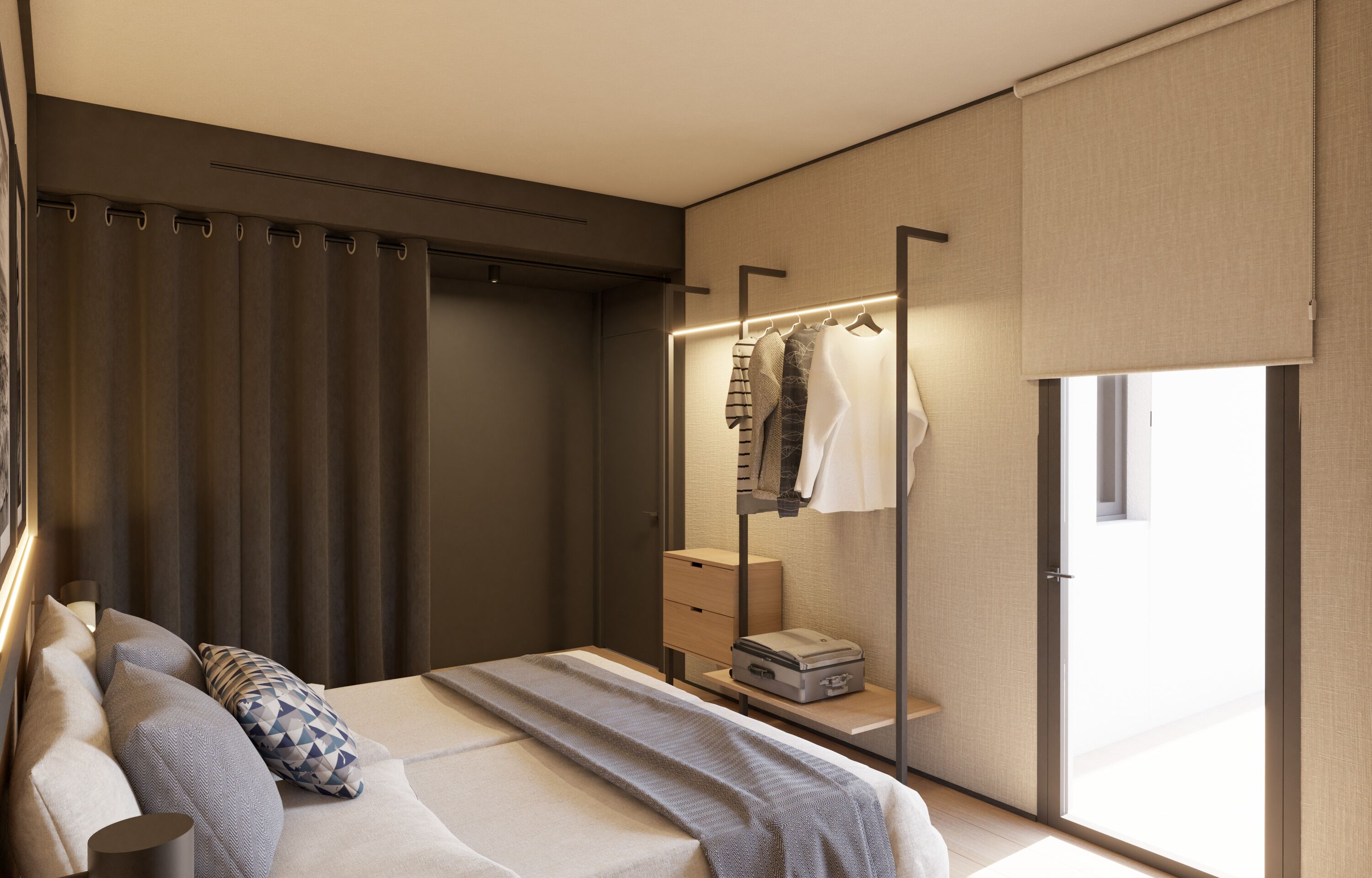 A modern bedroom with a bed, bedside tables, a wardrobe, and a window.