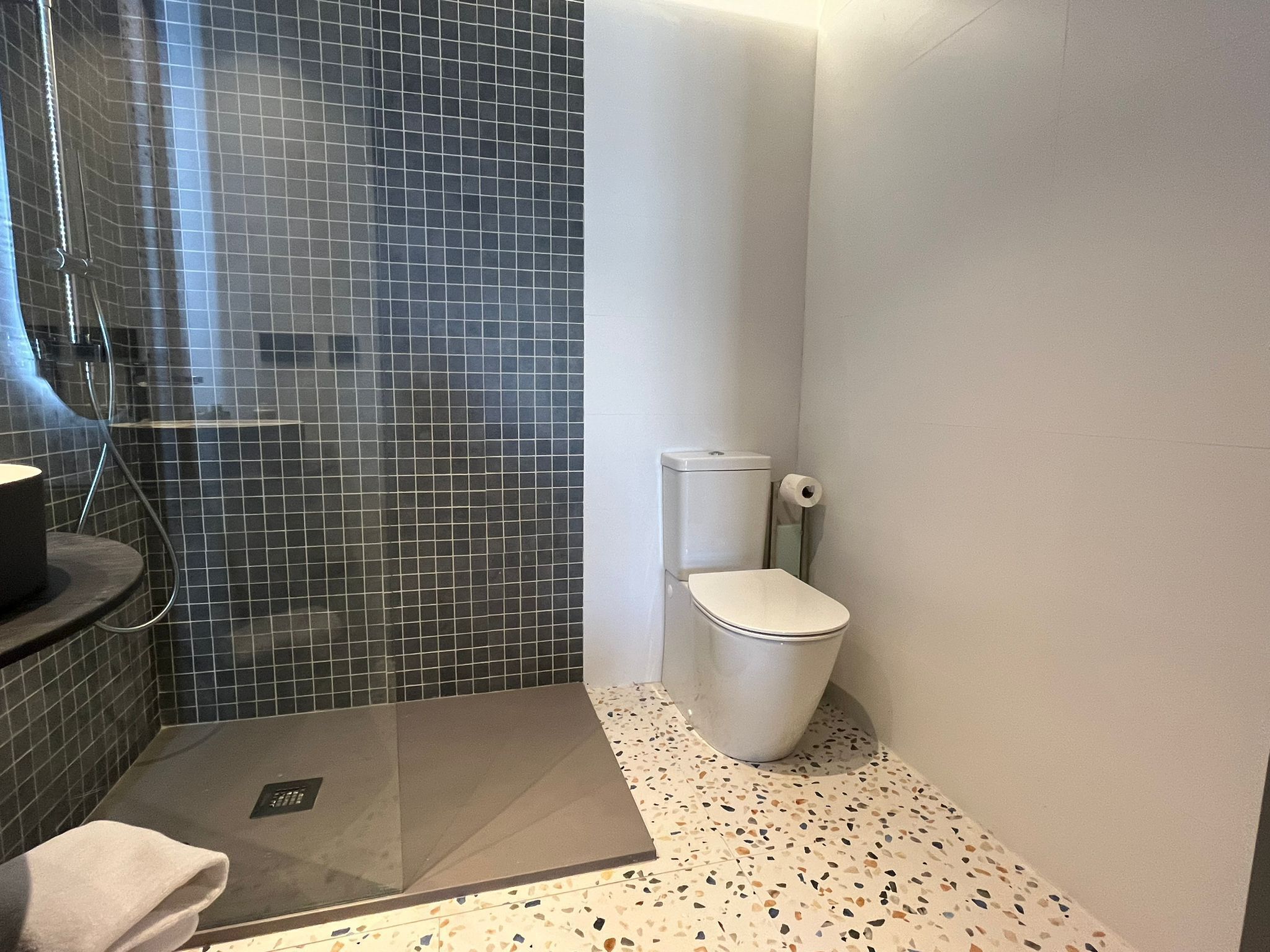 Un baño moderno con zona de ducha, inodoro y lavabo.