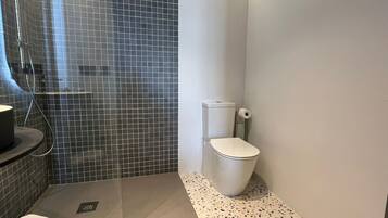 Un baño moderno con zona de ducha, inodoro y lavabo.
