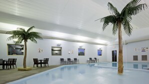 An indoor swimming pool with two palm trees, chairs, and a door.