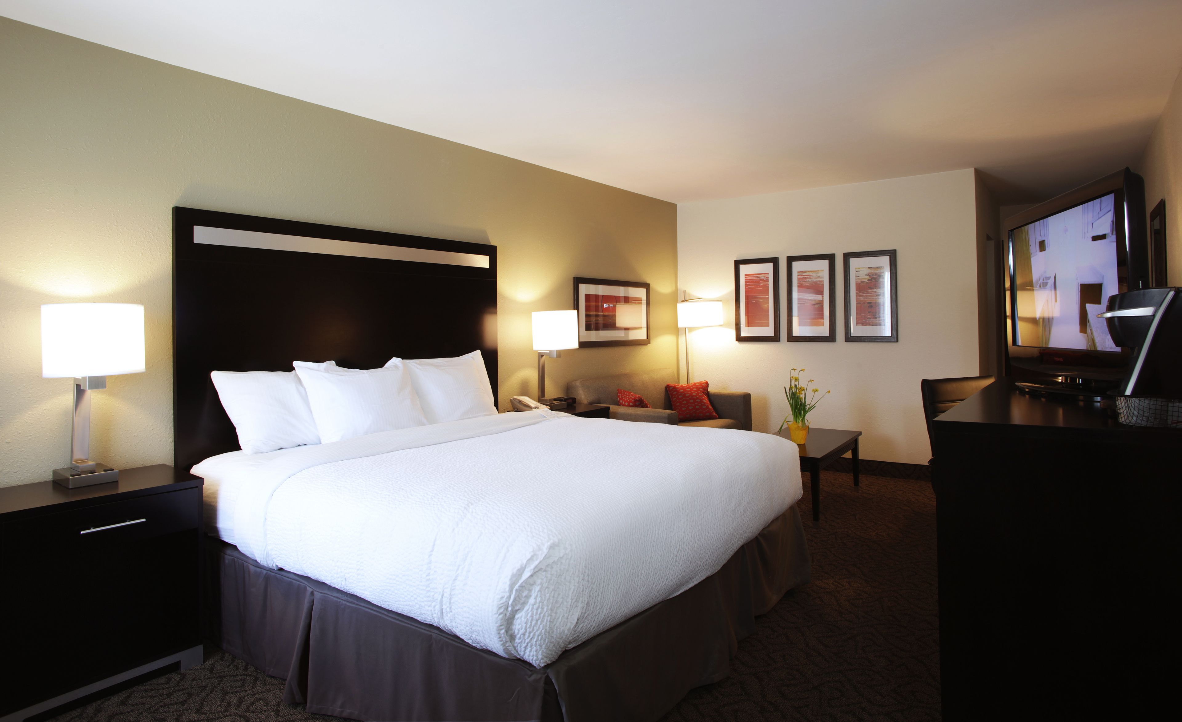 Down duvets, desk, laptop workspace, iron/ironing board