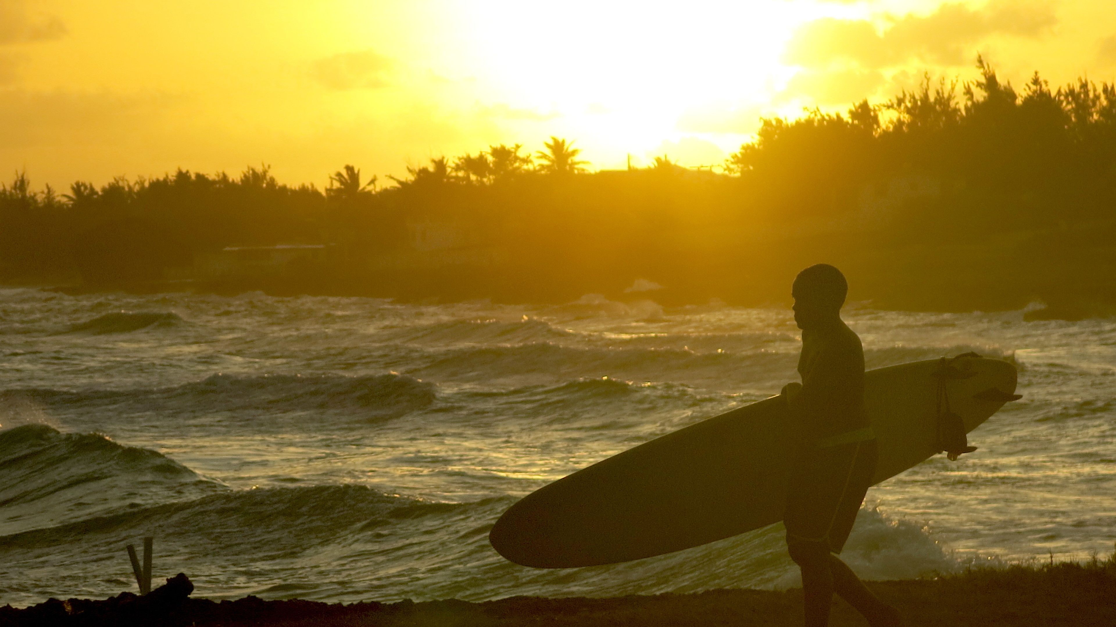 A silhouette of a person carrying a surfboard against a sunset backdrop.