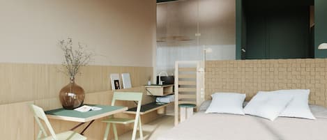 Un dormitorio moderno con cama, escritorio y silla. Hay un florero con flores secas sobre el escritorio.