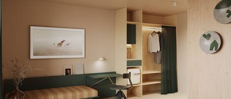 Un dormitorio moderno con una cama, un escritorio, una silla, un banco, un ventilador de techo y un armario.
