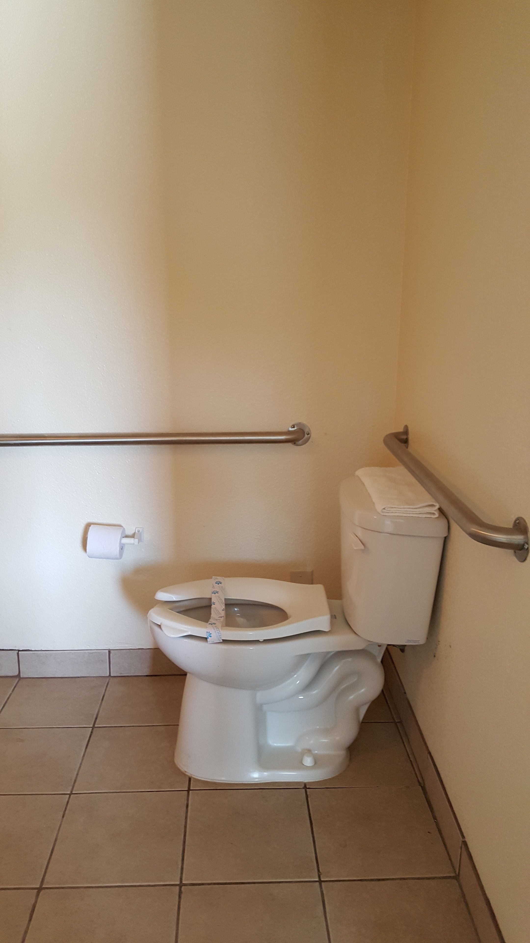 A standard white toilet with a safety bar and grab bar, a white toilet paper holder, and a tiled floor.