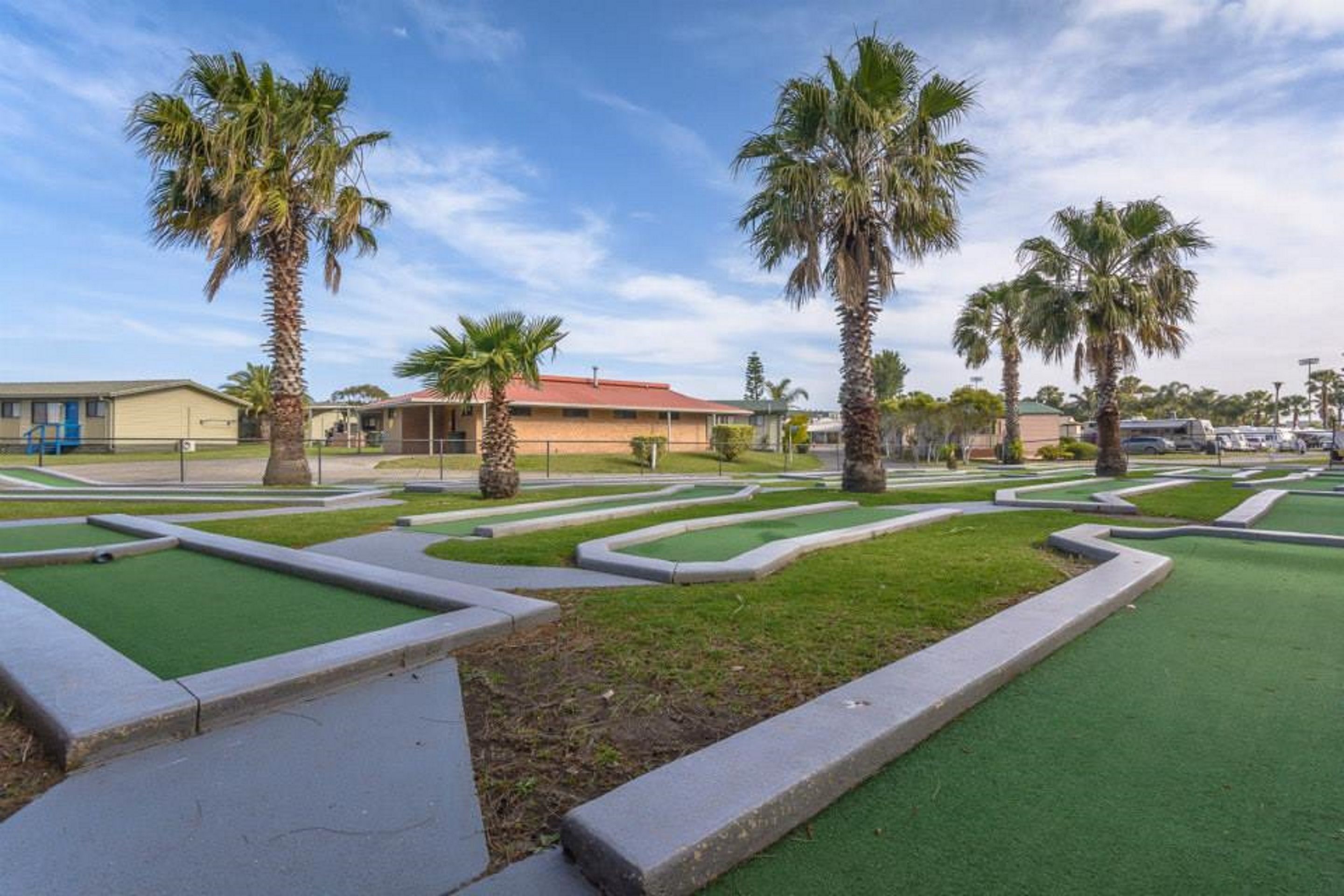 A miniature golf course with green artificial turf, palm trees, and a building in the background.