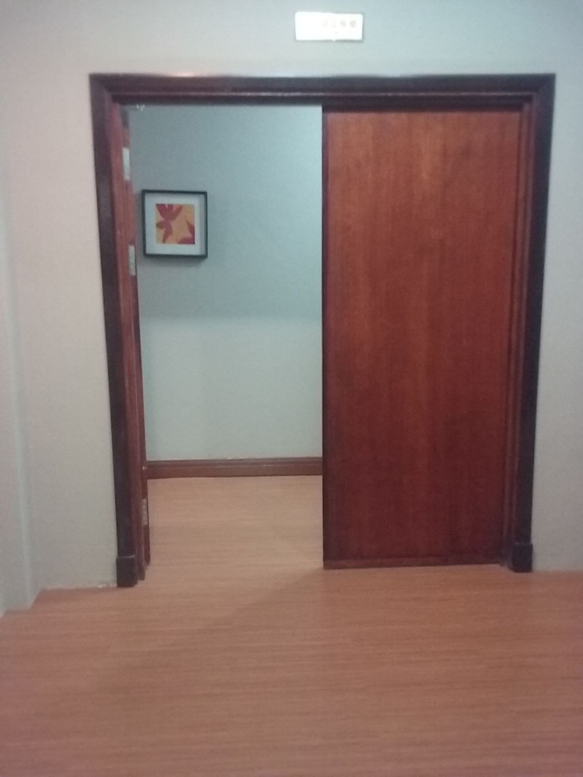 Un couloir avec une porte en bois, un tableau encadré au mur et une moquette de couleur claire.