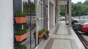 Un paseo techado con plantas en macetas, un cartel sobre la entrada y coches aparcados al fondo.