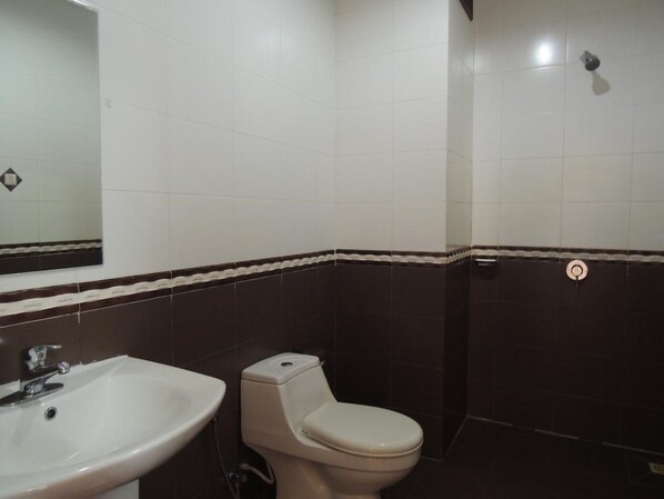 A bathroom with a white sink, a toilet, and a mirror.