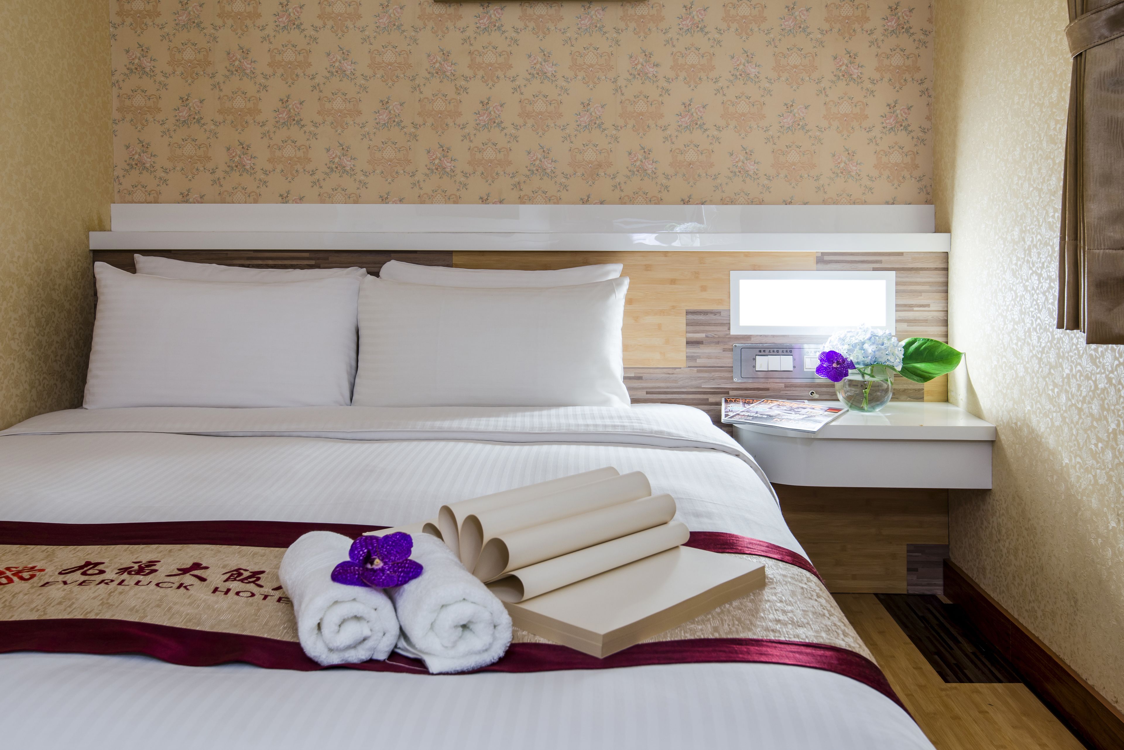 down duvets, blackout curtains, free wifi, bed sheets