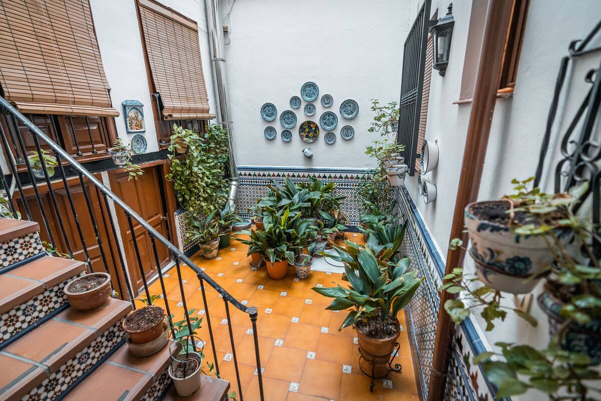 Ein Innenhof mit Terrakottafliesen, Pflanzgefäßen und einer Treppe.