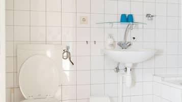 A bathroom with a toilet, sink, and mirror.