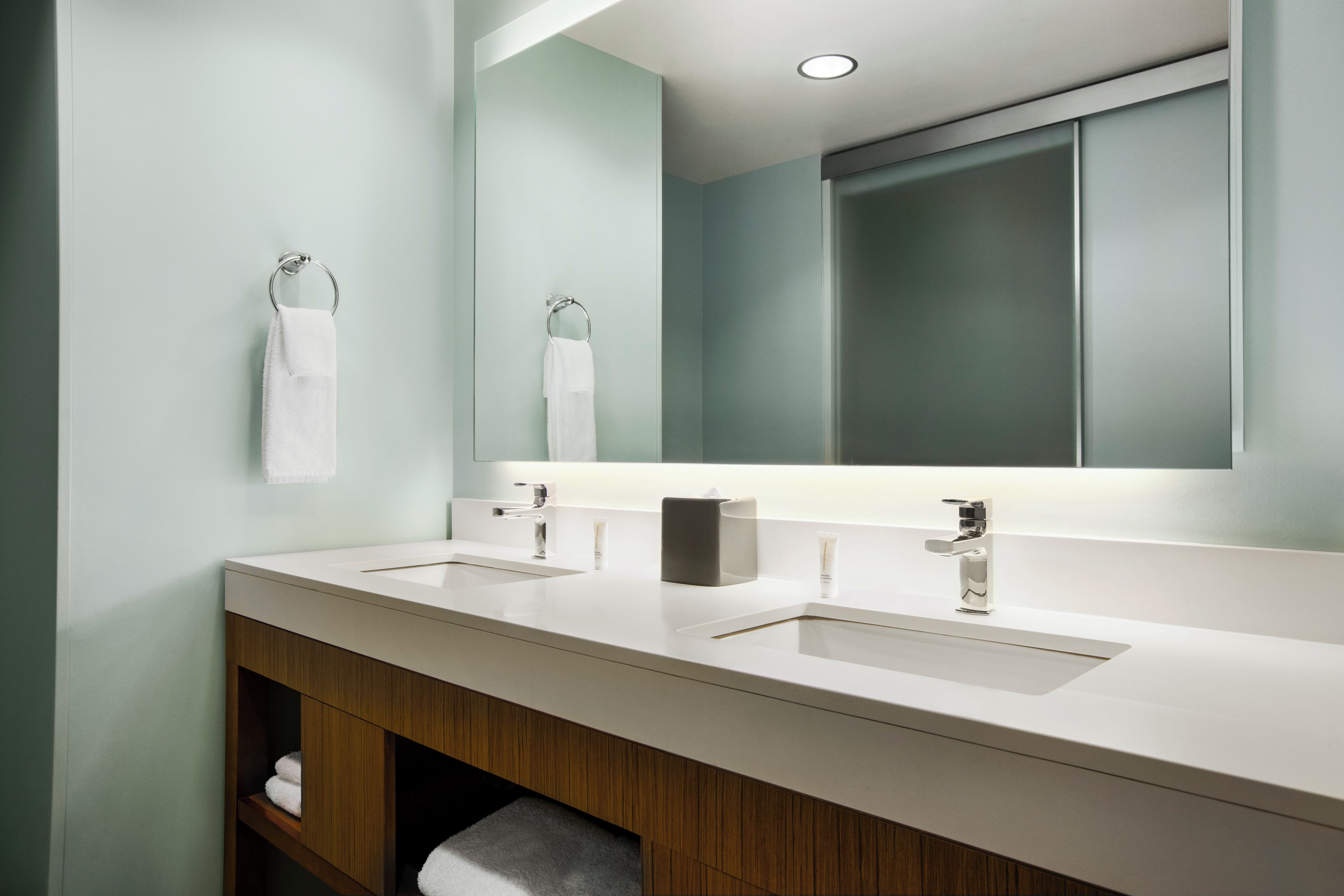 A modern bathroom with two sinks, a large mirror, and a towel rack.