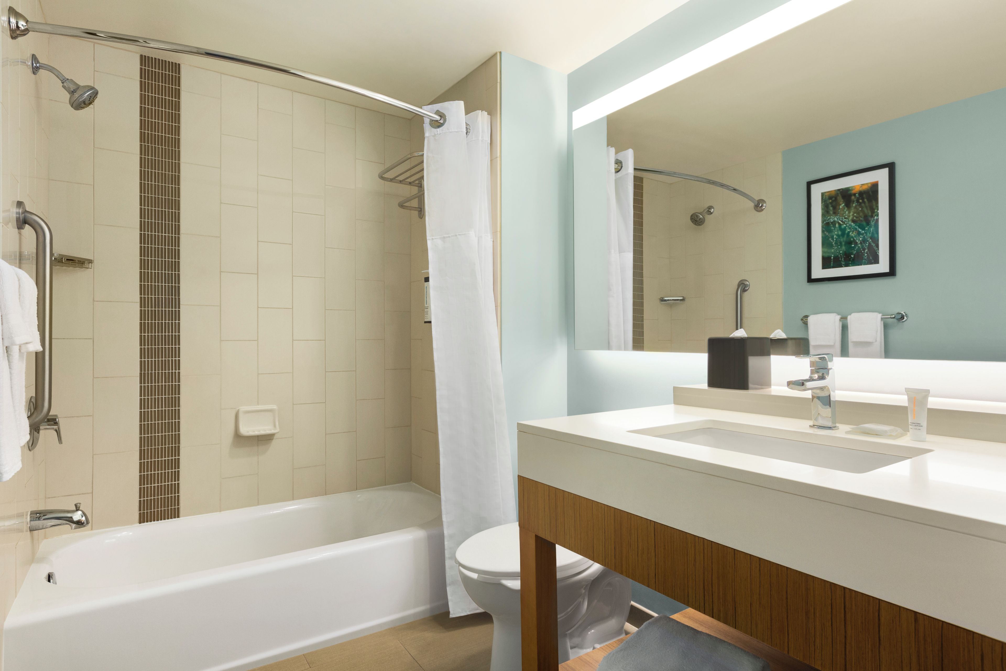 Un bagno moderno con vasca, doccia e WC.