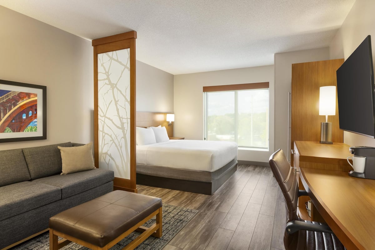 Een hotelkamer met een bed, een bank, een bureau en een televisie.