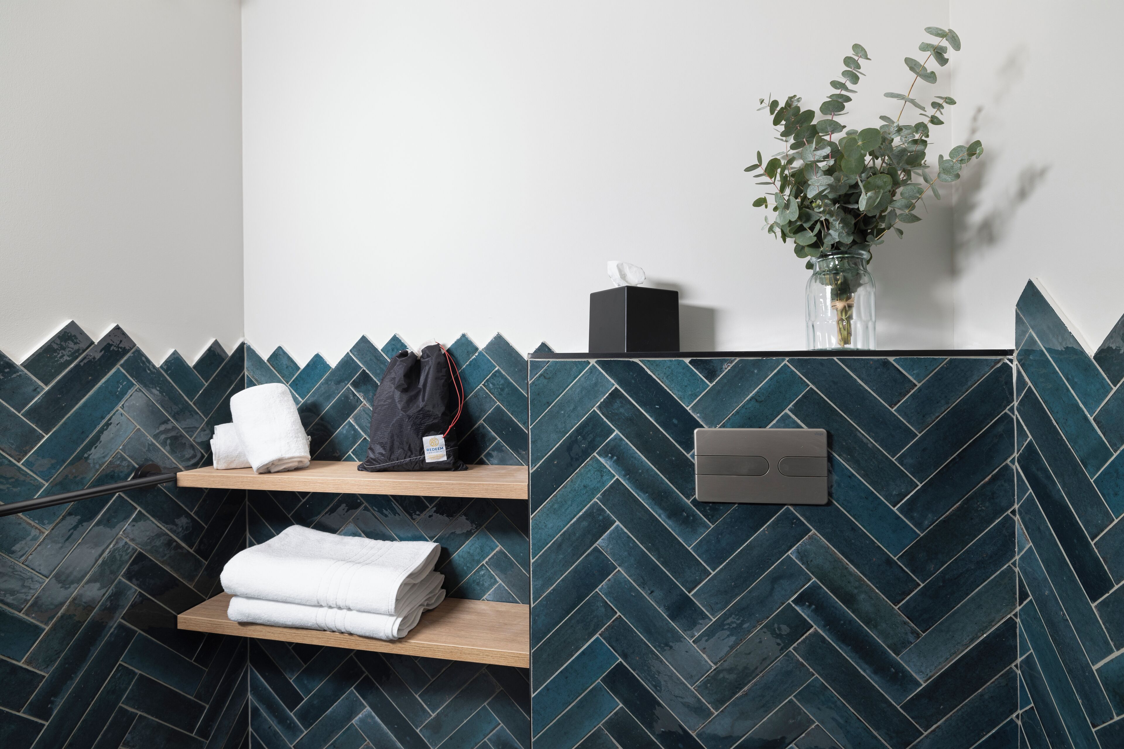 rainfall showerhead, hair dryer, towels, soap