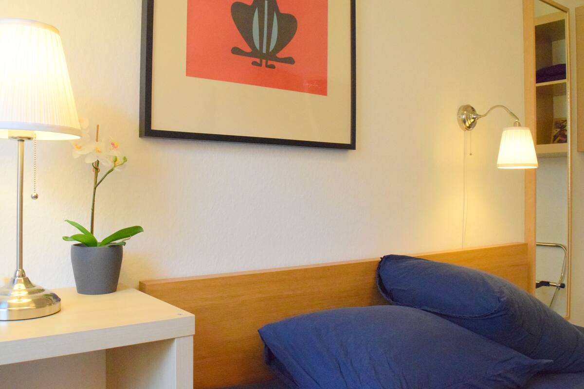 A hotel room with a bed, a bedside table with a lamp, a potted plant, and a framed picture on the wall.