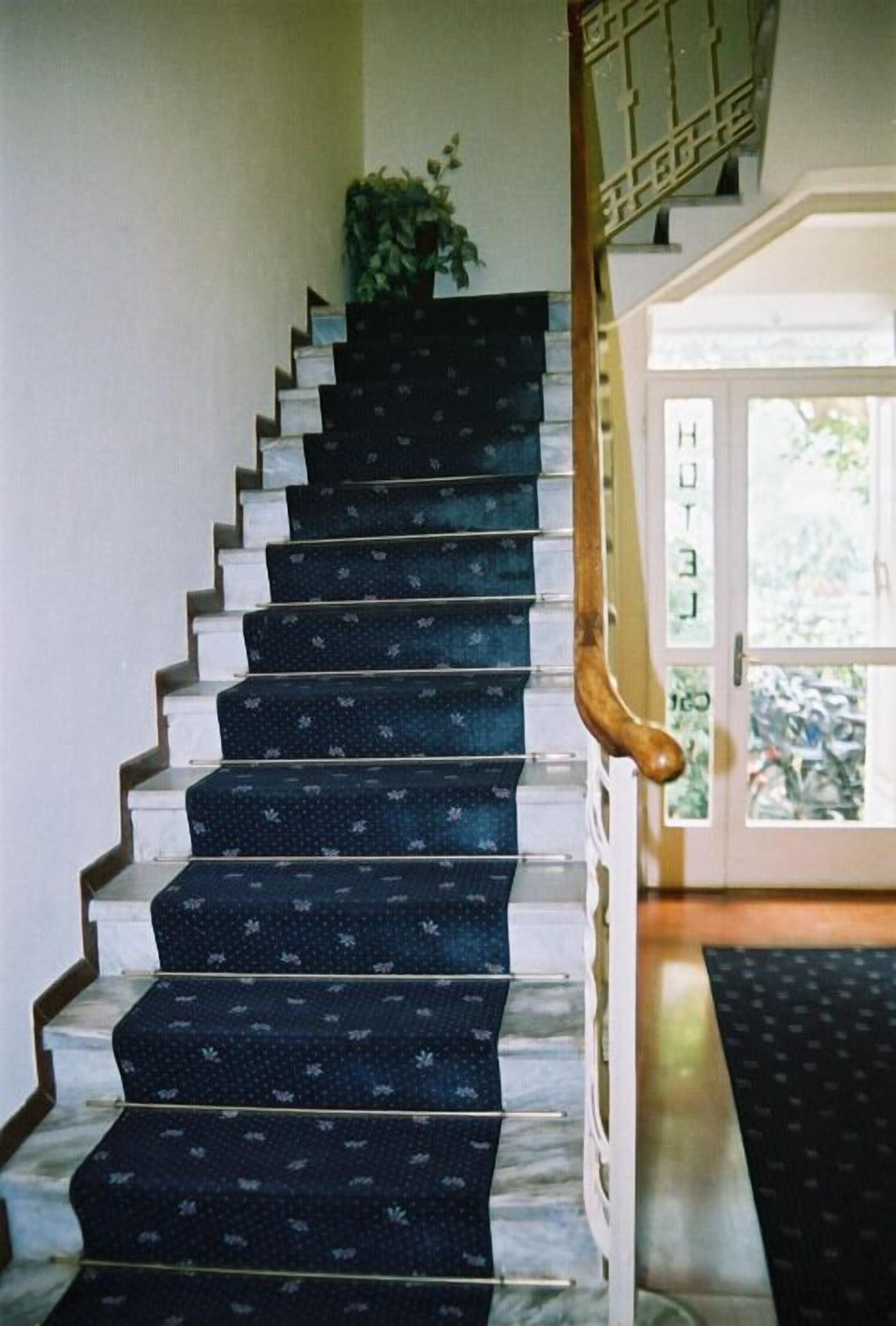 Una escalera con barandilla de madera y alfombra estampada.