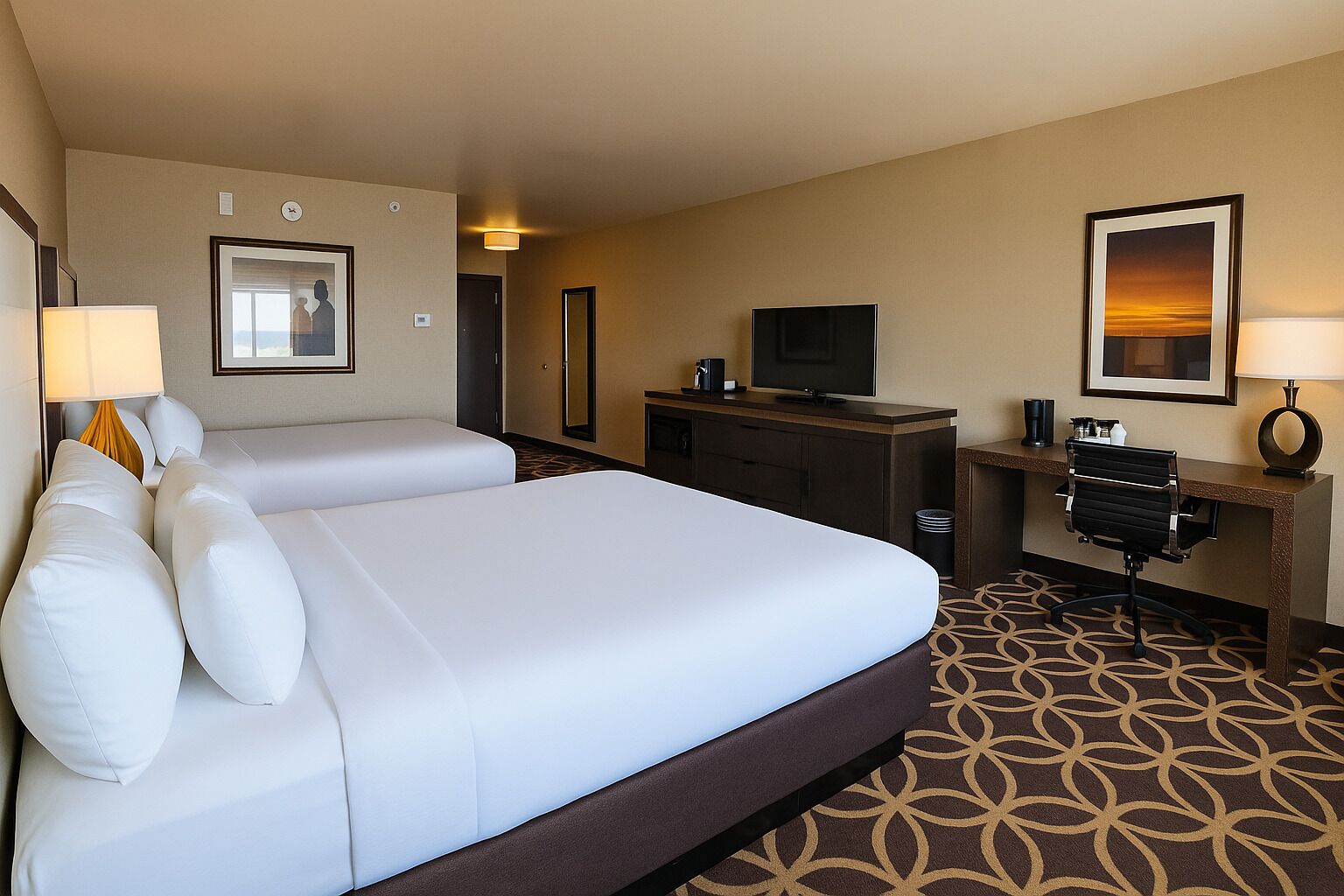 A hotel room with a large bed, a desk, a television, and a bathroom.