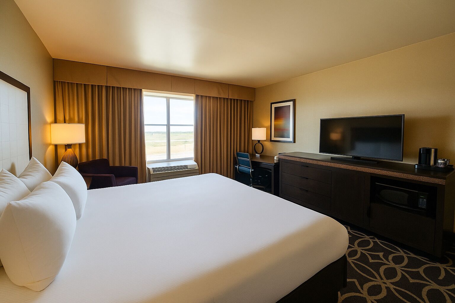 A hotel room with a large bed, a desk with a TV, a chair, and a window with curtains.