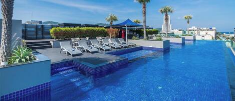 Outdoor pool, pool umbrellas, pool loungers