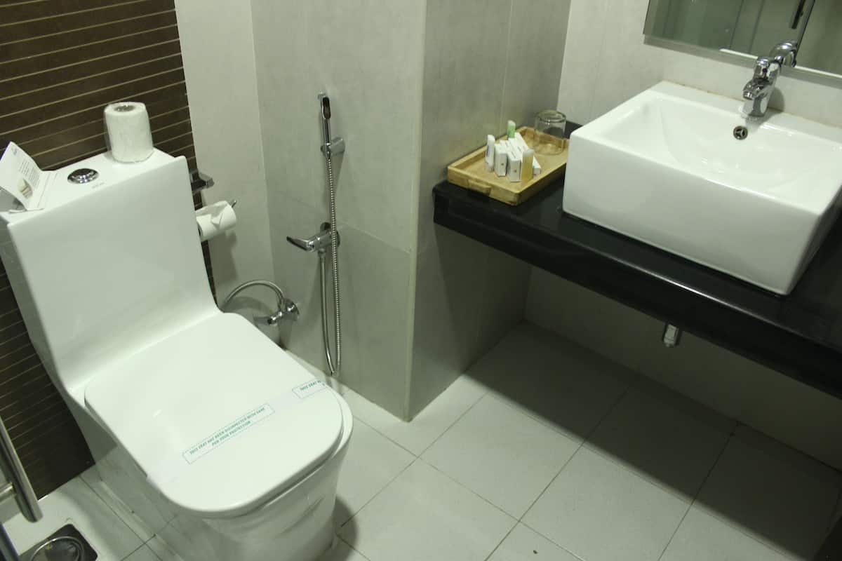 free toiletries, hair dryer, slippers, towels