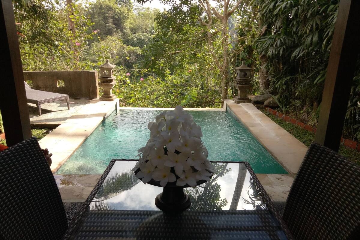 A glass-top table with a white flower arrangement, surrounded by wicker chairs, overlooking a swimming pool with a stone balustrade and lush greenery.