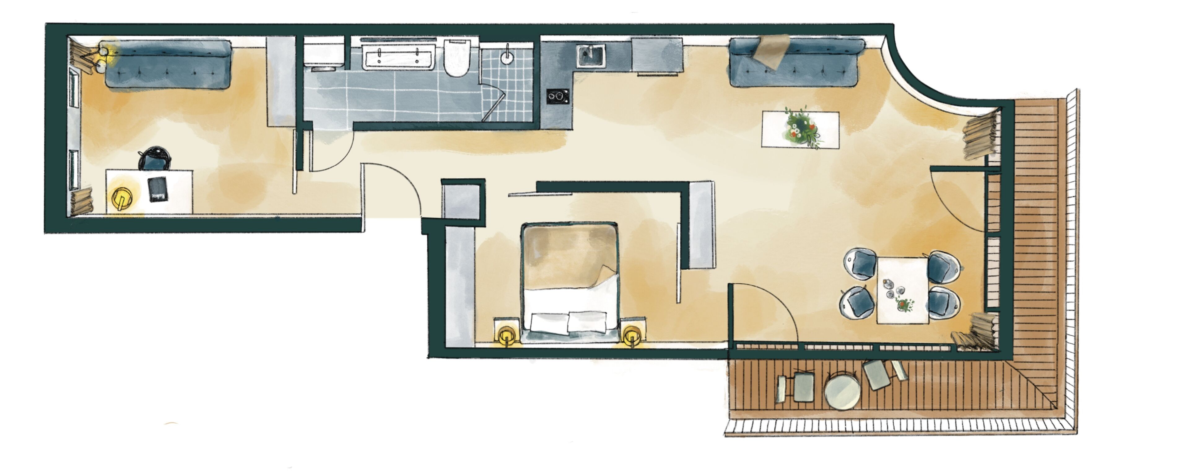 Plano de planta de una habitación de hotel con kitchenette, baño, sala de estar con sofá y mesa de comedor, y balcón con mobiliario exterior.