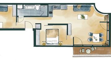Plano de planta de una habitación de hotel con kitchenette, baño, sala de estar con sofá y mesa de comedor, y balcón con mobiliario exterior.