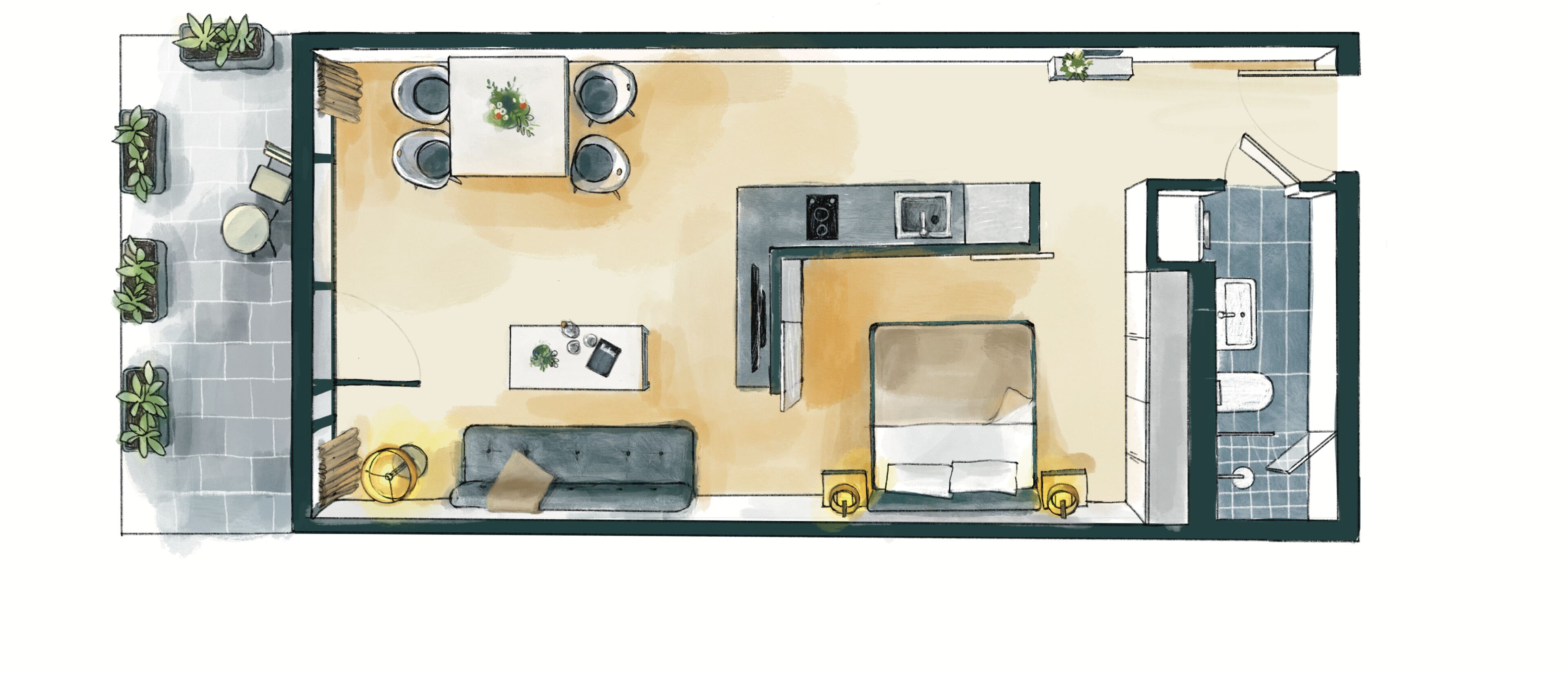 A kitchen with a dining area, a sofa, and a small table with plants.