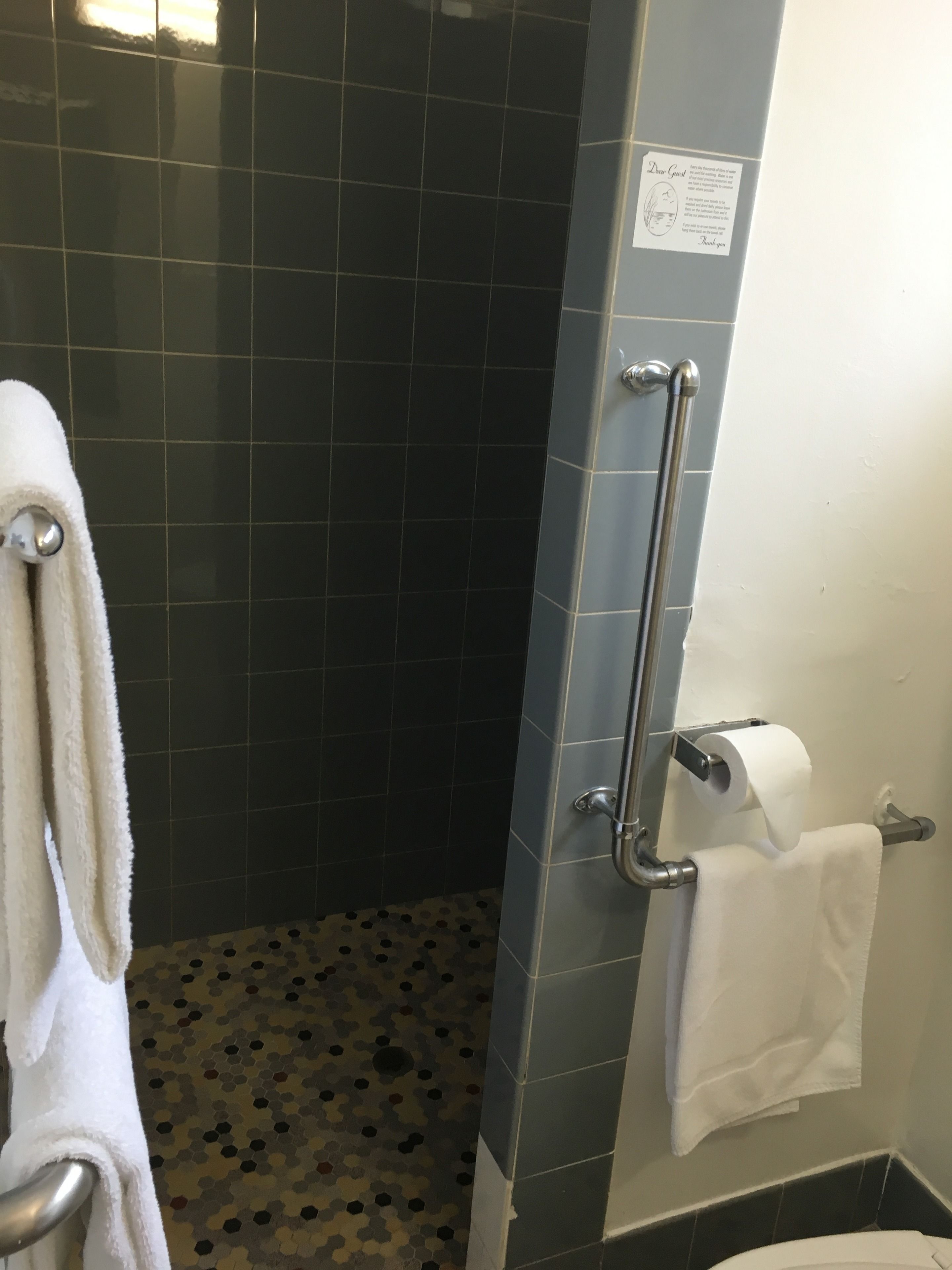 Une salle de bain équipée d’une douche, d’un porte-serviettes et d’un support à papier toilette.