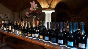Un bar de vinos con una larga barra de madera que exhibe varias botellas.