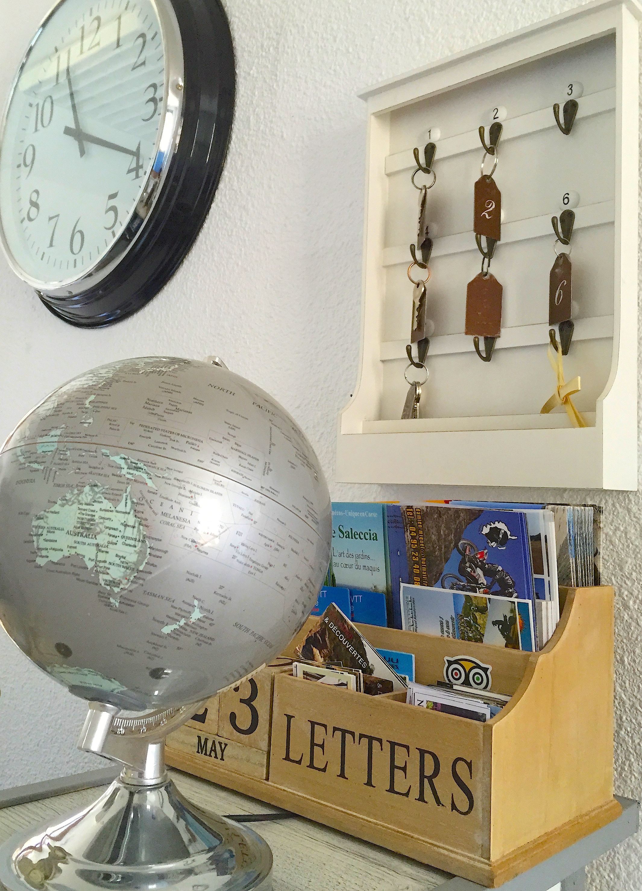 A globe, a clock, a shelf with numbered tags, and a box labeled "LETTERS" with postcards.