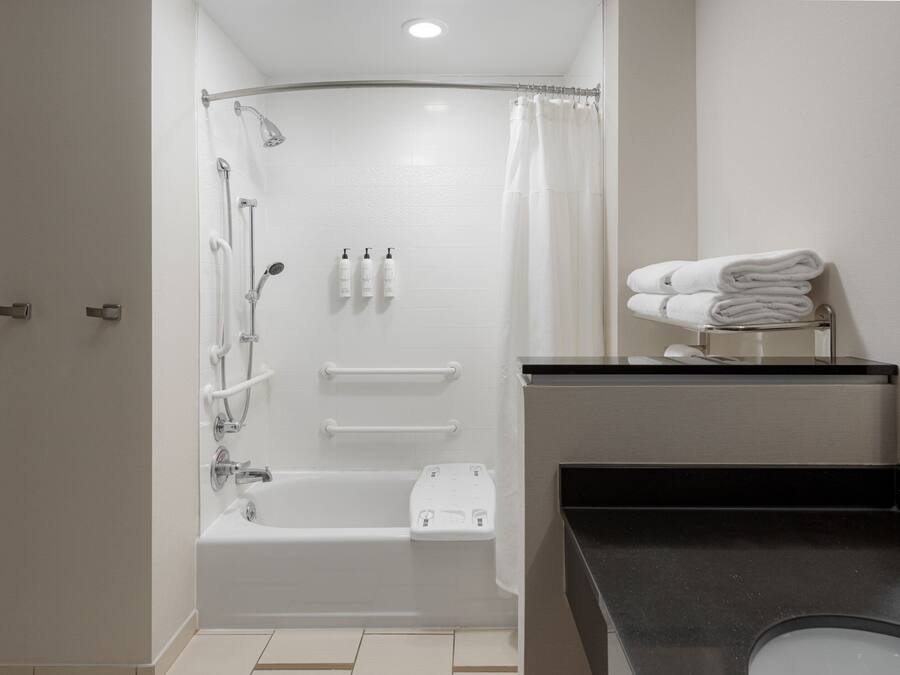 A modern bathroom with a walk-in shower, grab bars, a bathtub, and a toilet.