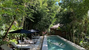 A poolside area with lounge chairs and umbrellas, surrounded by lush greenery. - Piedra de Agua Hotel Boutique Palenque (Palenque)