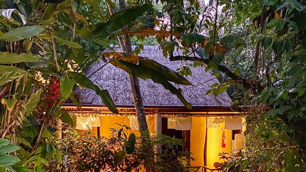 A serene garden with a water feature, a thatched-roof building, and lush greenery. - Piedra de Agua Hotel Boutique Palenque (Palenque)