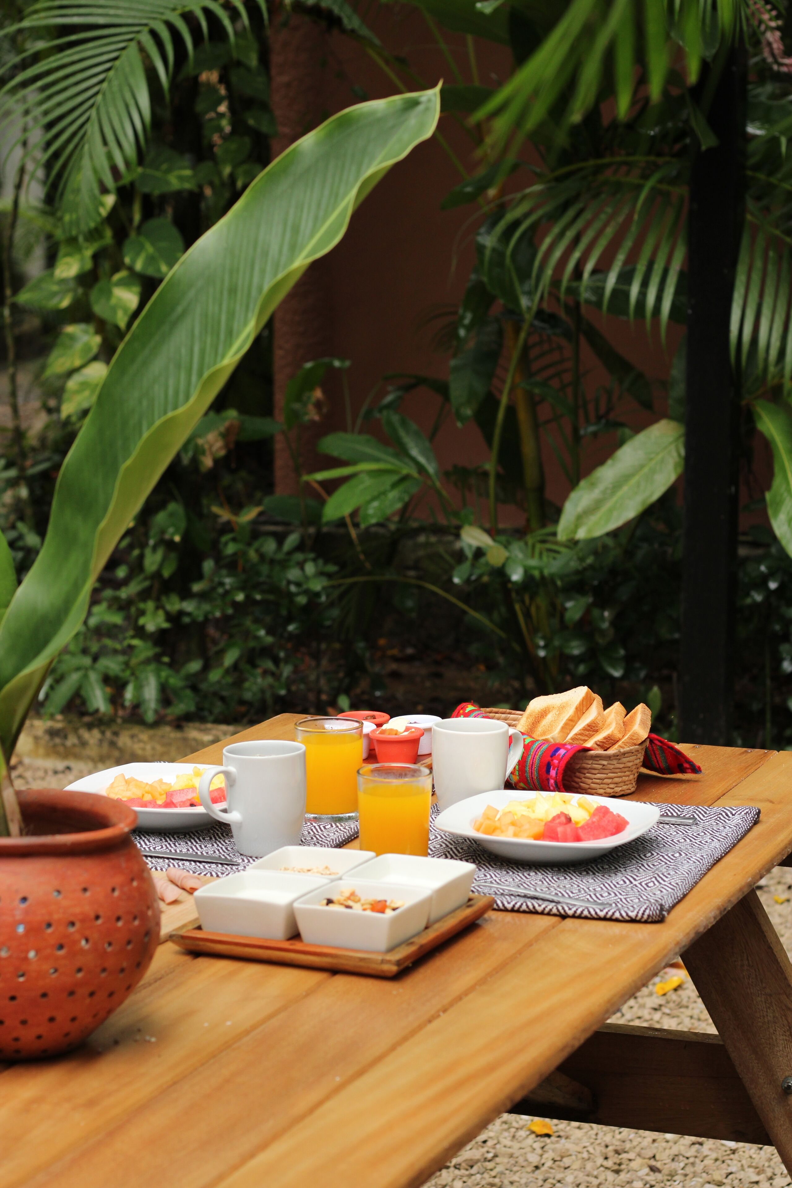 A wooden table set with breakfast items including bread, fruit, and juice, surrounded by lush greenery.
