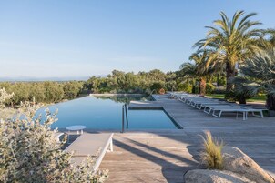 Una piscina al aire libre, sombrillas, sillones reclinables de piscina