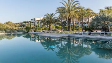 Outdoor pool, pool umbrellas, pool loungers