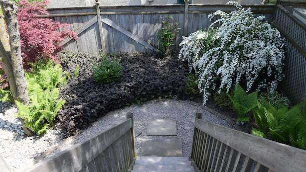 A wooden staircase leading to a garden area with various plants and a wooden fence.