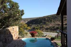 A pool with a stone wall and a large planter with flowers, surrounded by a wooden deck and a view of a hilly landscape. - Gourits River Guest Farm (Albertinia)